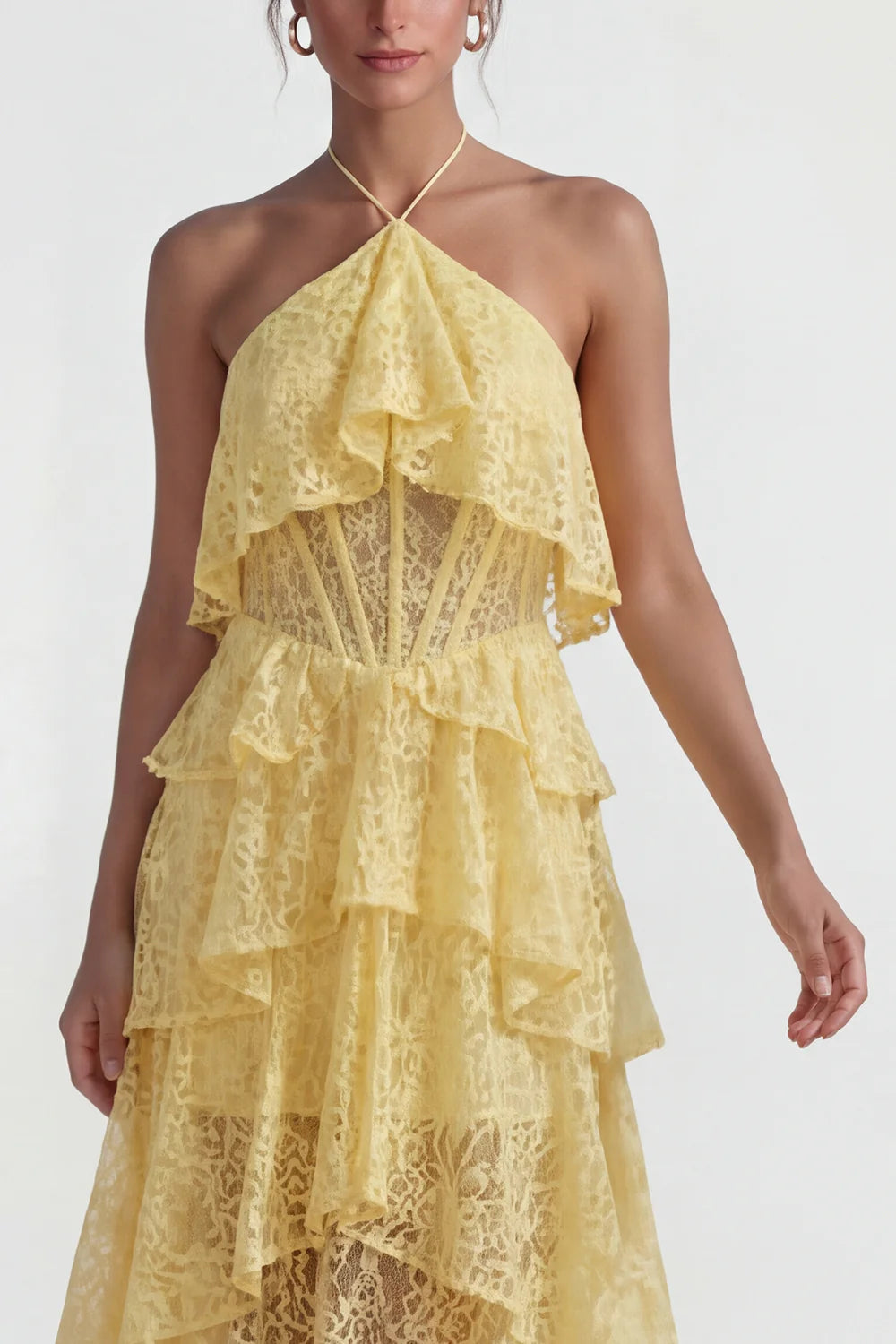 Yellow Halter Neck Prom Dress With Tiered Lace Skirt And Corset Waist Formal Prom Dress