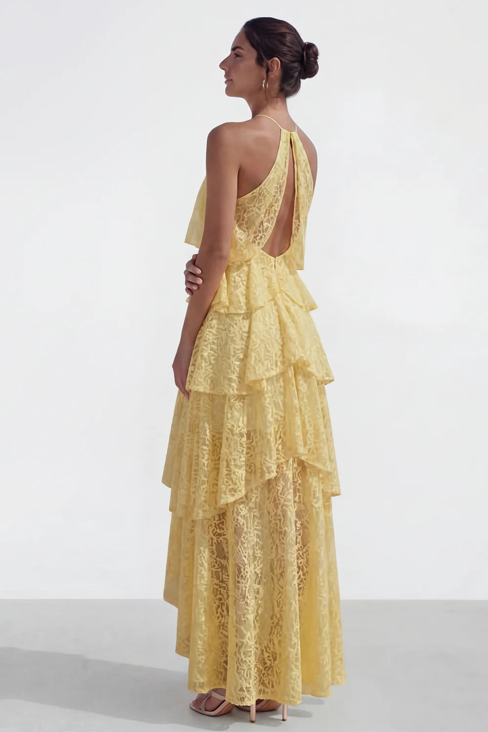 Yellow Halter Neck Prom Dress With Tiered Lace Skirt And Corset Waist Formal Prom Dress