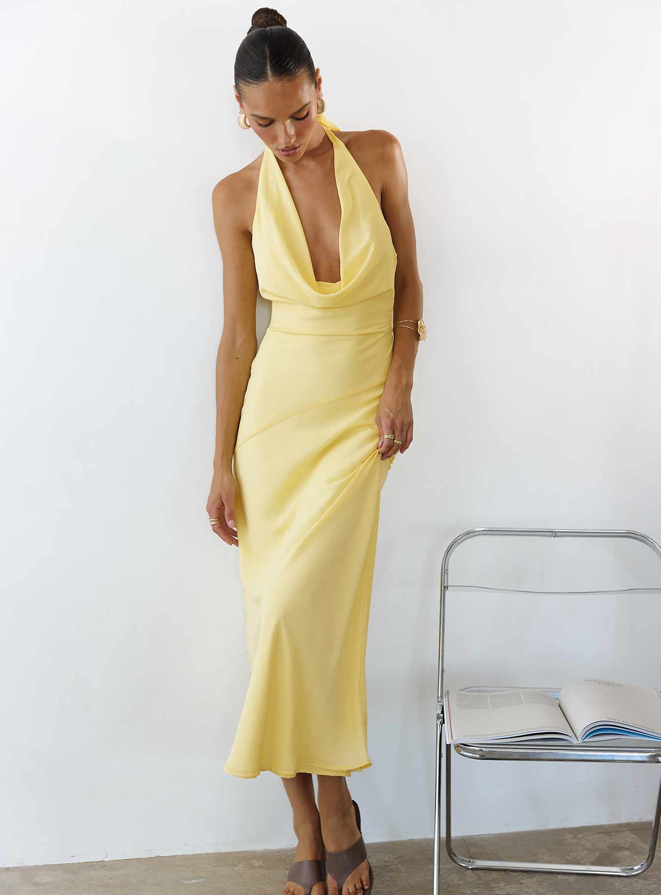 Yellow Halter Prom Dress with Cowl Neck and Bow Back for Formal Events and Prom Nights