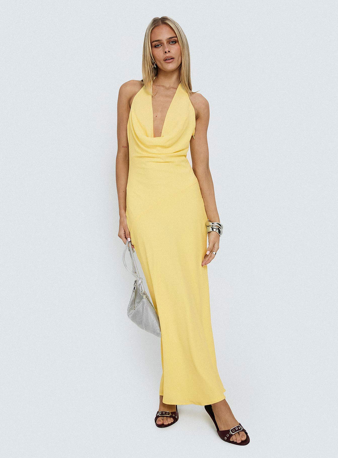 Yellow Halter Prom Dress with Cowl Neck and Bow Back for Formal Events and Prom Nights