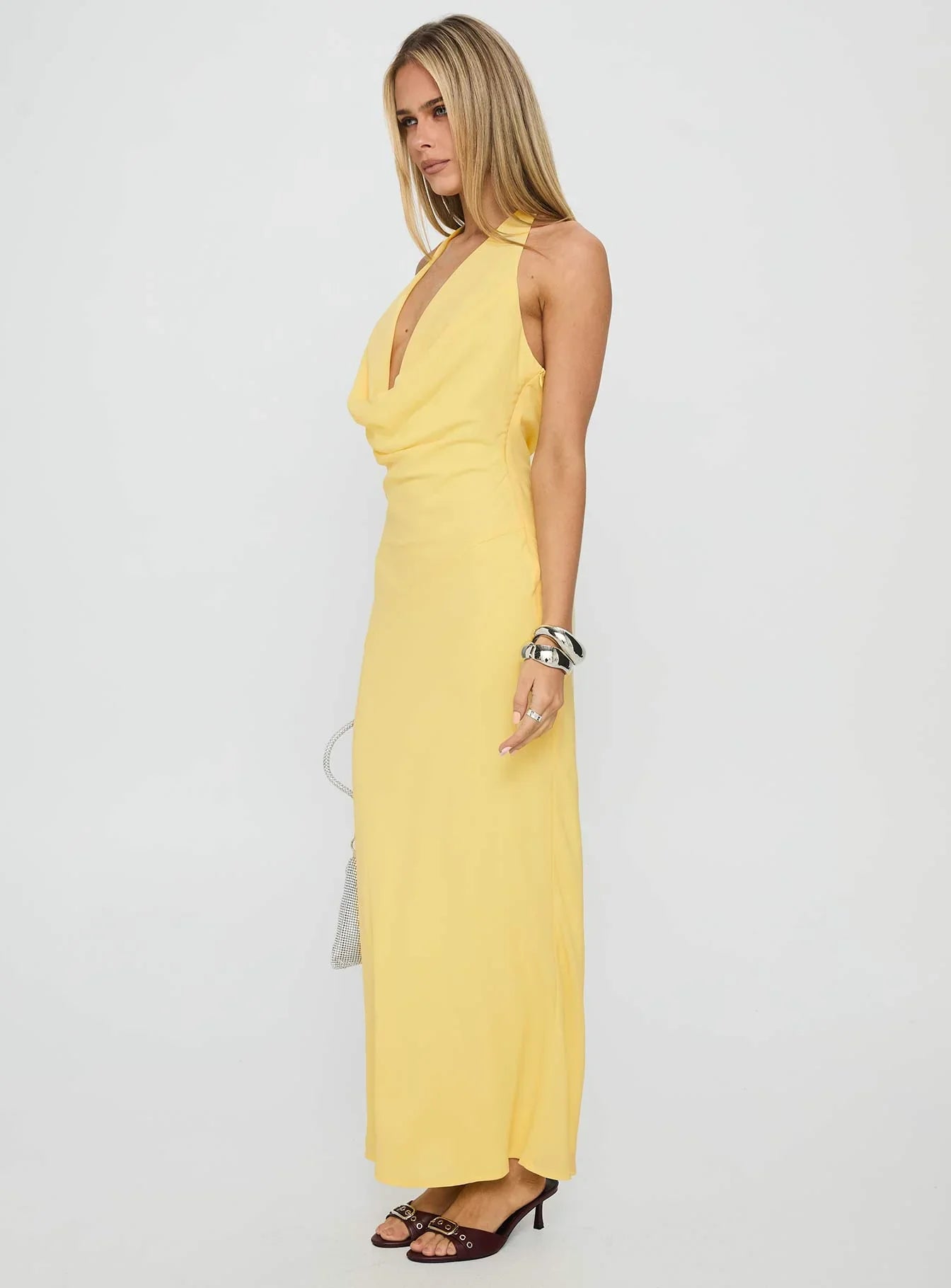 Yellow Halter Prom Dress with Cowl Neck and Bow Back for Formal Events and Prom Nights