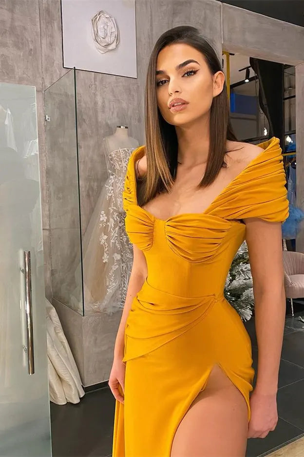 Yellow Off Shoulder Prom Dress with Sweetheart Neckline and High Slit for Formal Events and Prom Nights