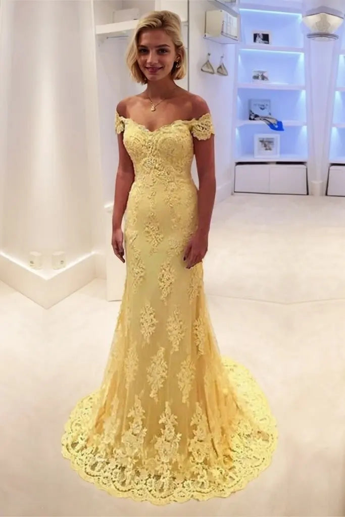 Yellow Off The Shoulder Lace Mermaid Prom Dress with Sheer Back for Formal Events and Prom Nights