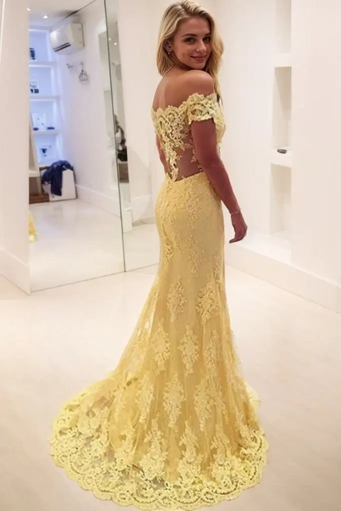 Yellow Off The Shoulder Lace Mermaid Prom Dress with Sheer Back for Formal Events and Prom Nights