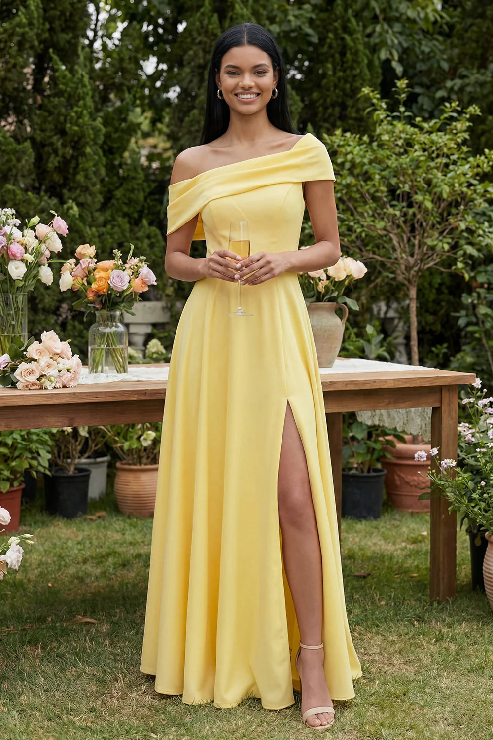 Yellow One Shoulder Prom Dress With Draped Neckline And High Slit A Line Formal Prom Dress