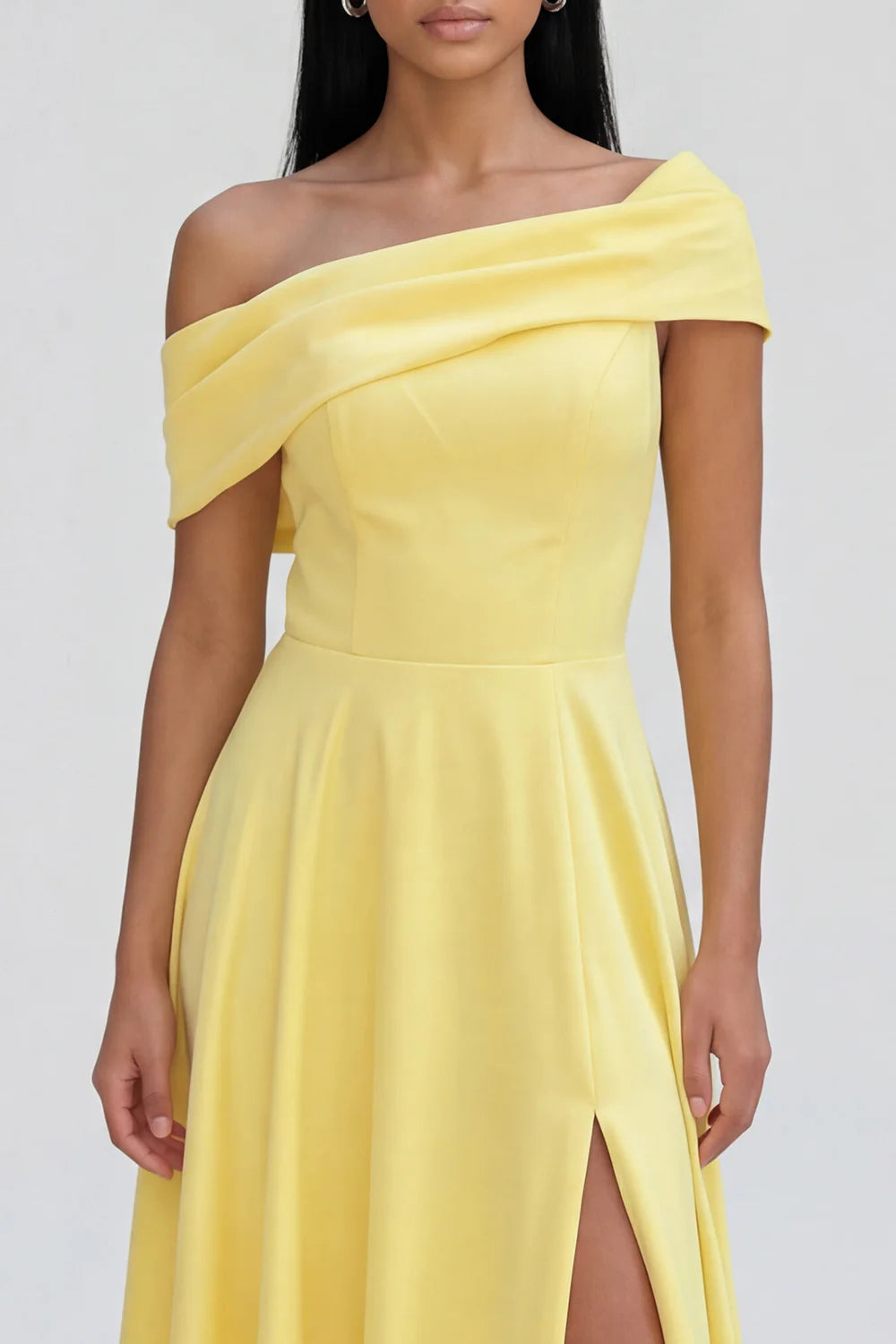 Yellow One Shoulder Prom Dress With Draped Neckline And High Slit A Line Formal Prom Dress