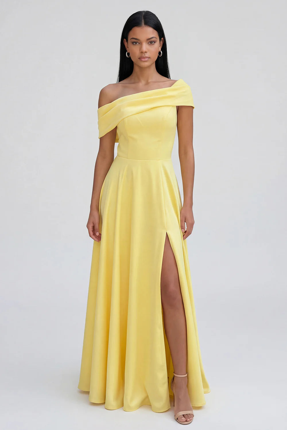 Yellow One Shoulder Prom Dress With Draped Neckline And High Slit A Line Formal Prom Dress