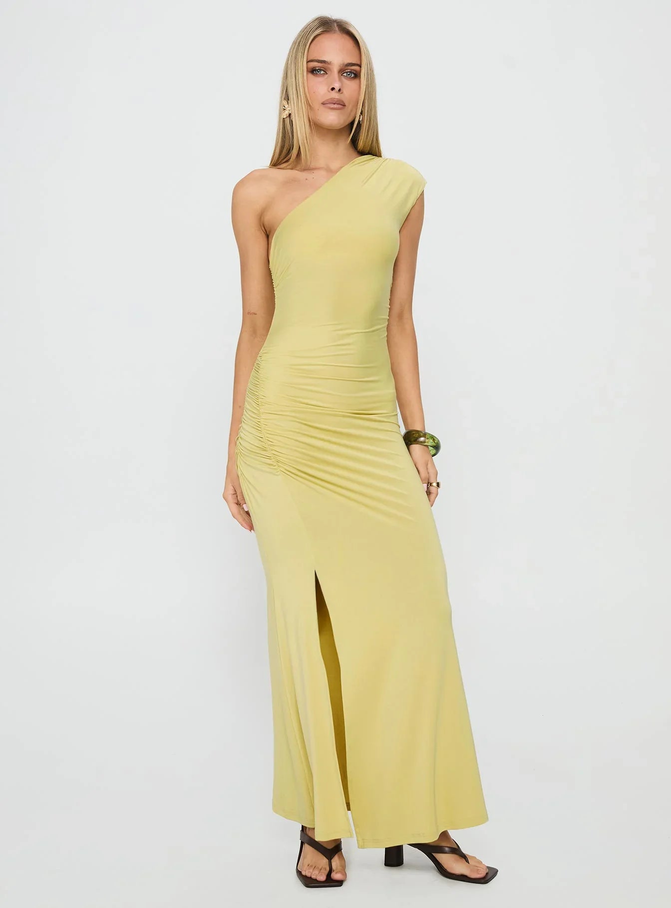 Yellow One Shoulder Prom Dress with Ruched Detail and High Slit for Formal Events and Prom Nights