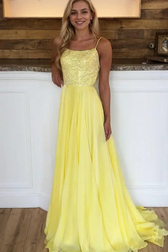 Yellow Spaghetti Strap A-Line Prom Dress with Sequin Bodice and Lace-Up Back for Formal Events and Prom Nights