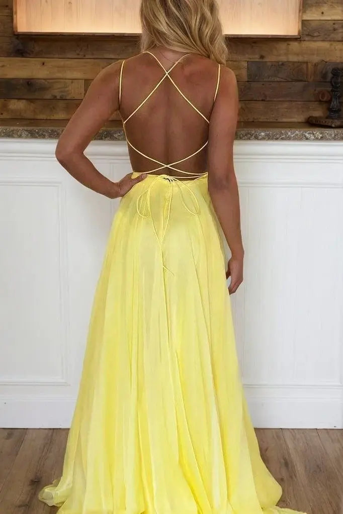 Yellow Spaghetti Strap A-Line Prom Dress with Sequin Bodice and Lace-Up Back for Formal Events and Prom Nights