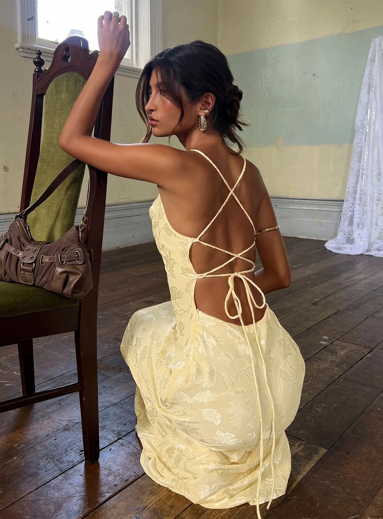 Yellow Spaghetti Strap Prom Dress with Floral Jacquard and Lace Up Back for Formal Events and Prom Nights
