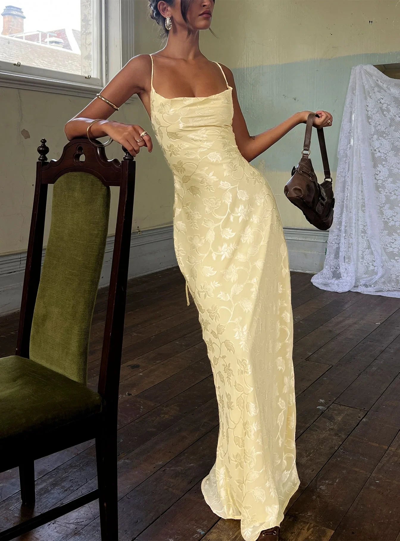 Yellow Spaghetti Strap Prom Dress with Floral Jacquard and Lace Up Back for Formal Events and Prom Nights