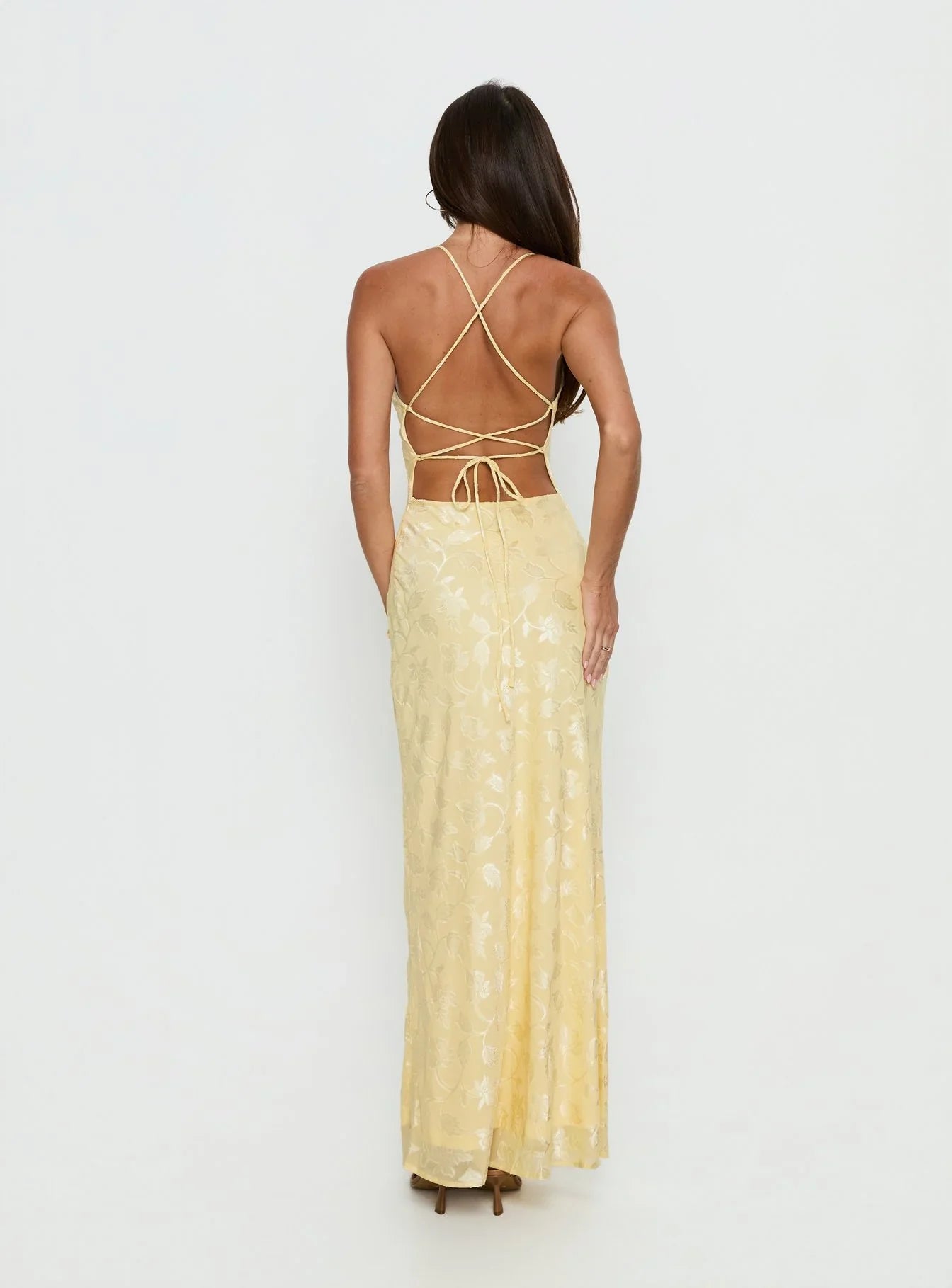 Yellow Spaghetti Strap Prom Dress with Floral Jacquard and Lace Up Back for Formal Events and Prom Nights