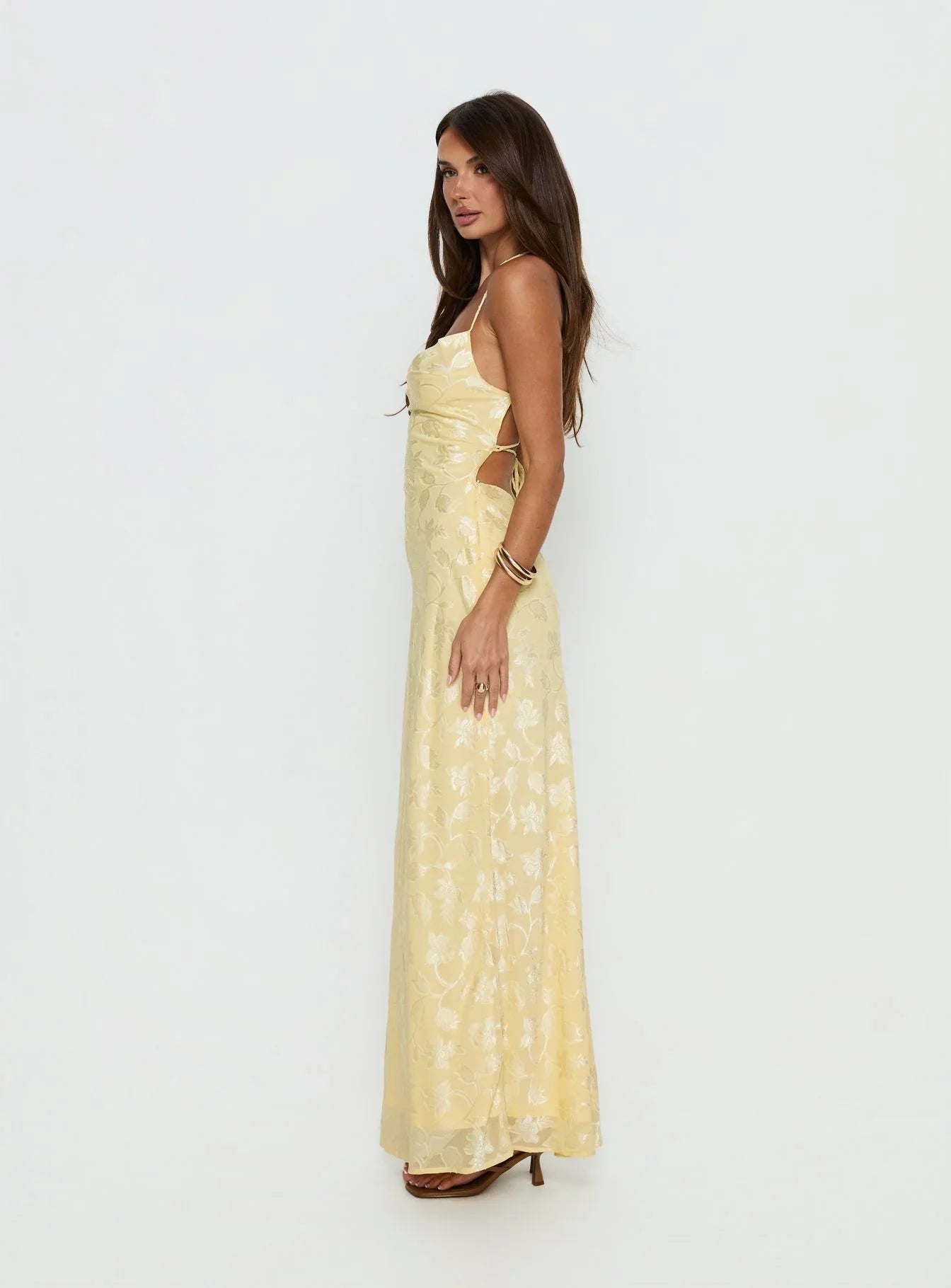 Yellow Spaghetti Strap Prom Dress with Floral Jacquard and Lace Up Back for Formal Events and Prom Nights