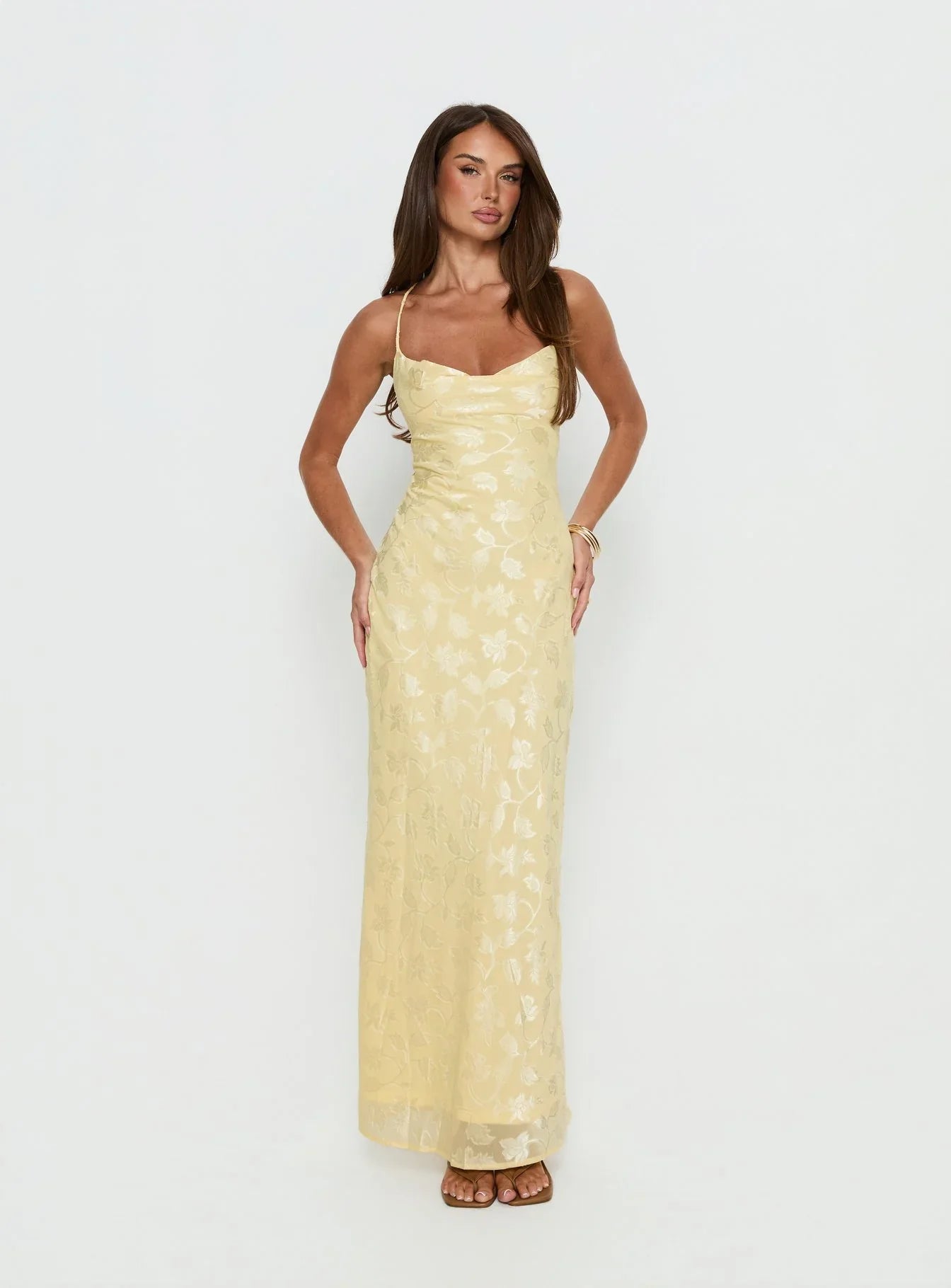 Yellow Spaghetti Strap Prom Dress with Floral Jacquard and Lace Up Back for Formal Events and Prom Nights