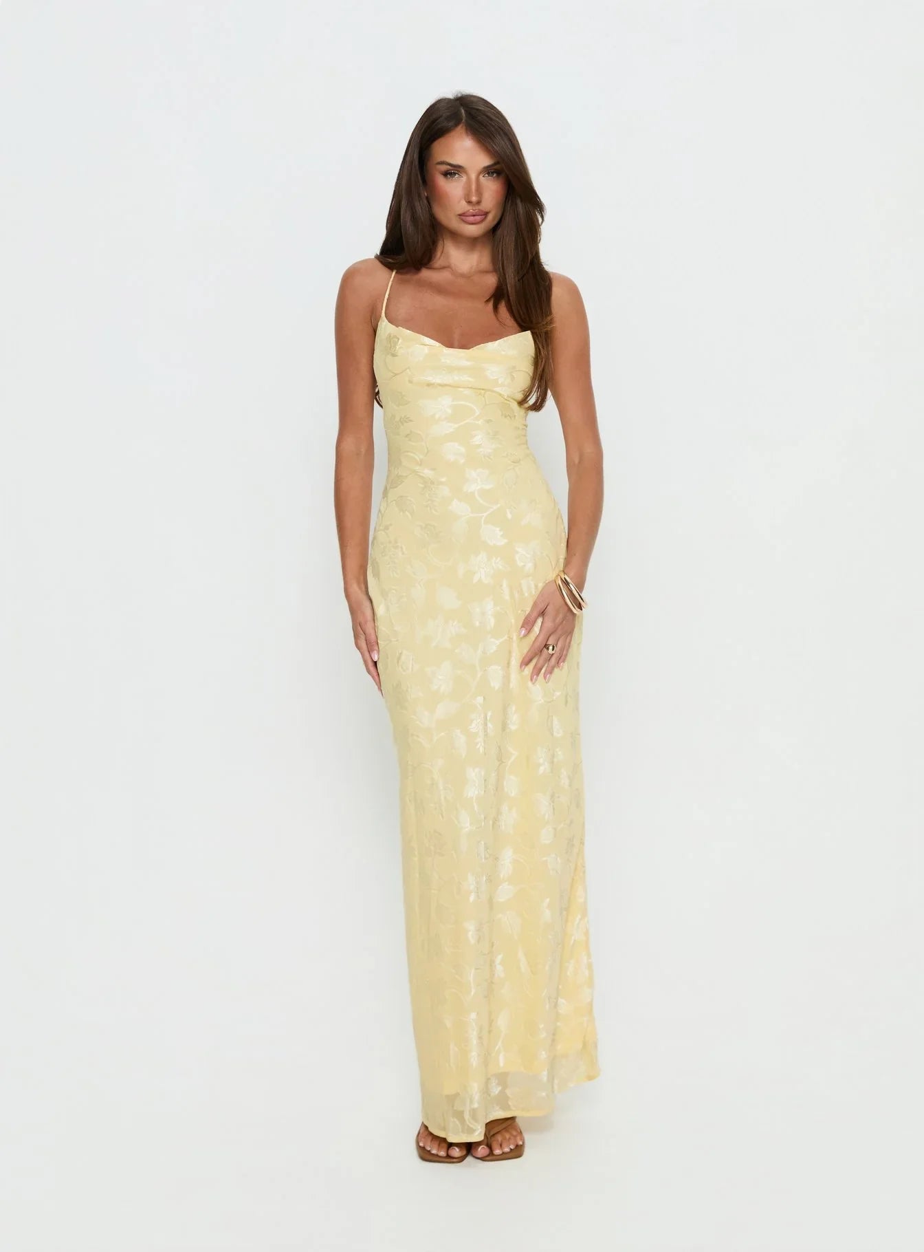 Yellow Spaghetti Strap Prom Dress with Floral Jacquard and Lace Up Back for Formal Events and Prom Nights