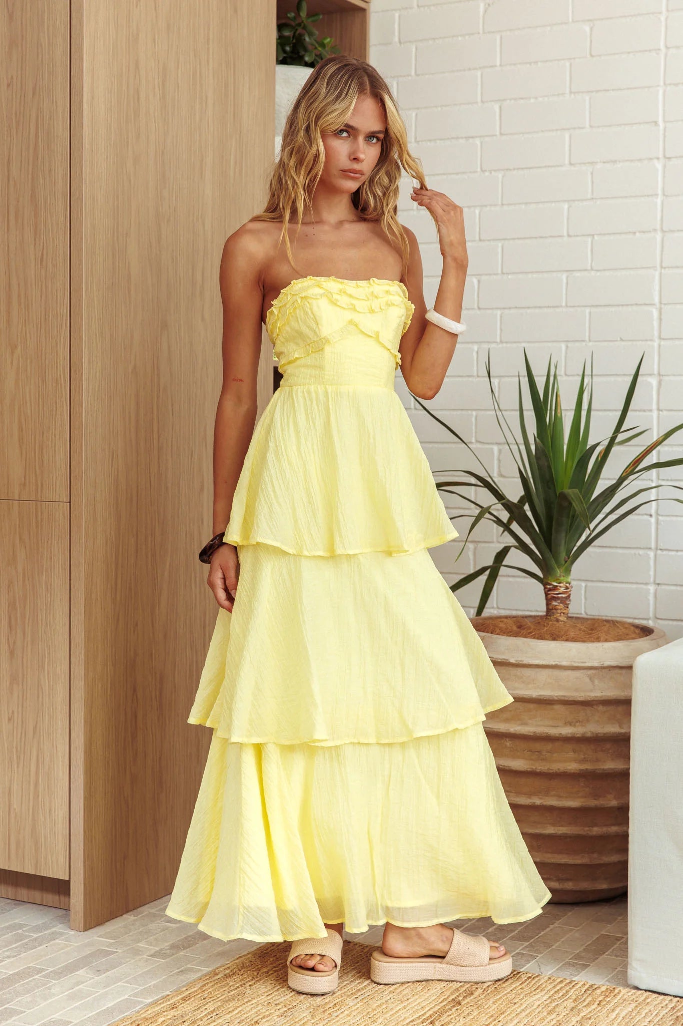 Yellow Strapless Ruffled Tiered Maxi Evening Dress