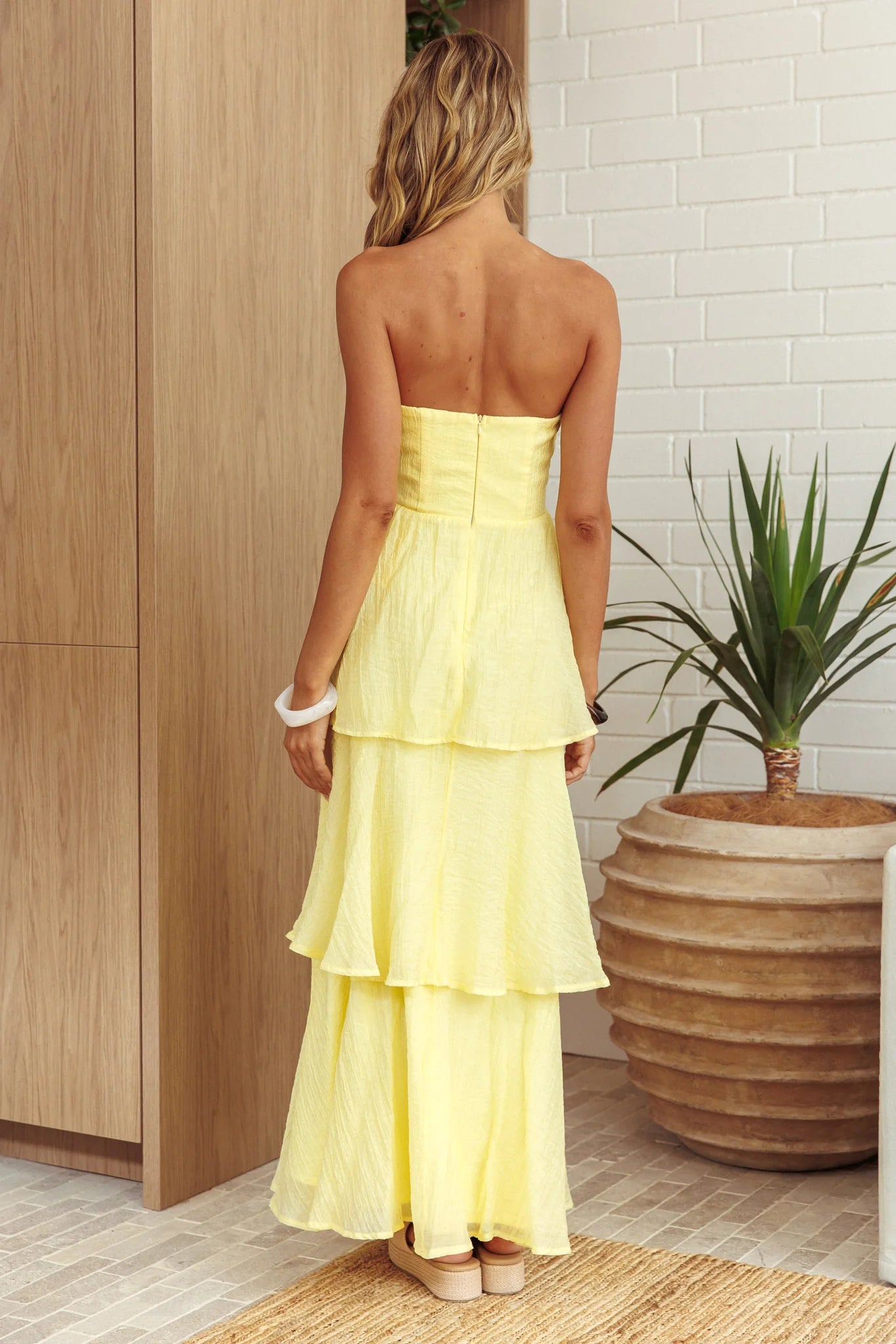Yellow Strapless Ruffled Tiered Maxi Evening Dress