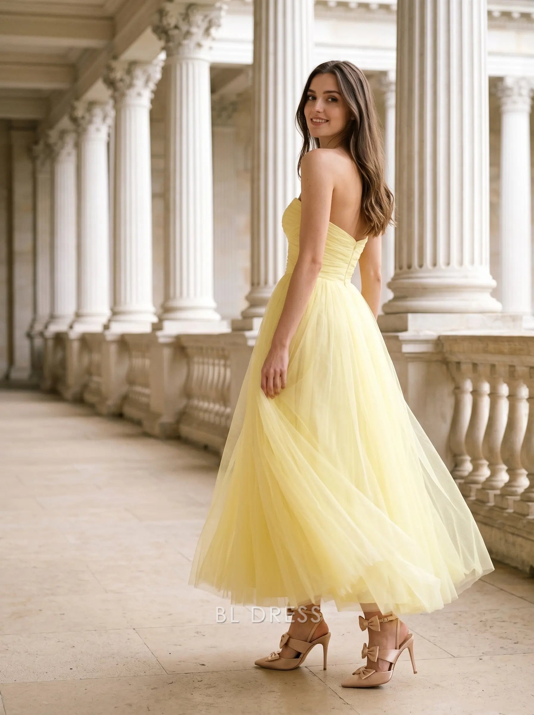 Yellow Strapless Sweetheart Neck Ruched Tulle A Line Midi Formal Evening Prom Dress