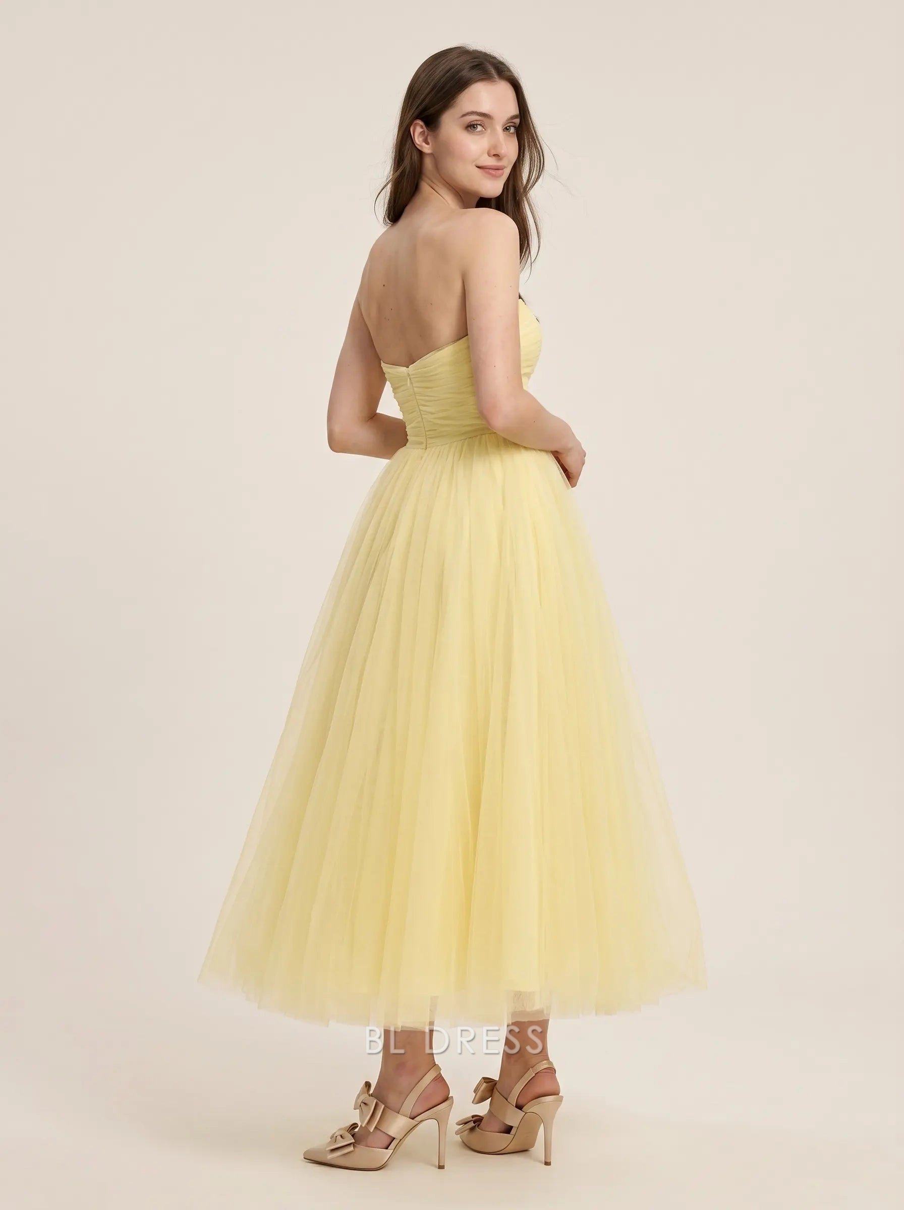 Yellow Strapless Sweetheart Neck Ruched Tulle A Line Midi Formal Evening Prom Dress