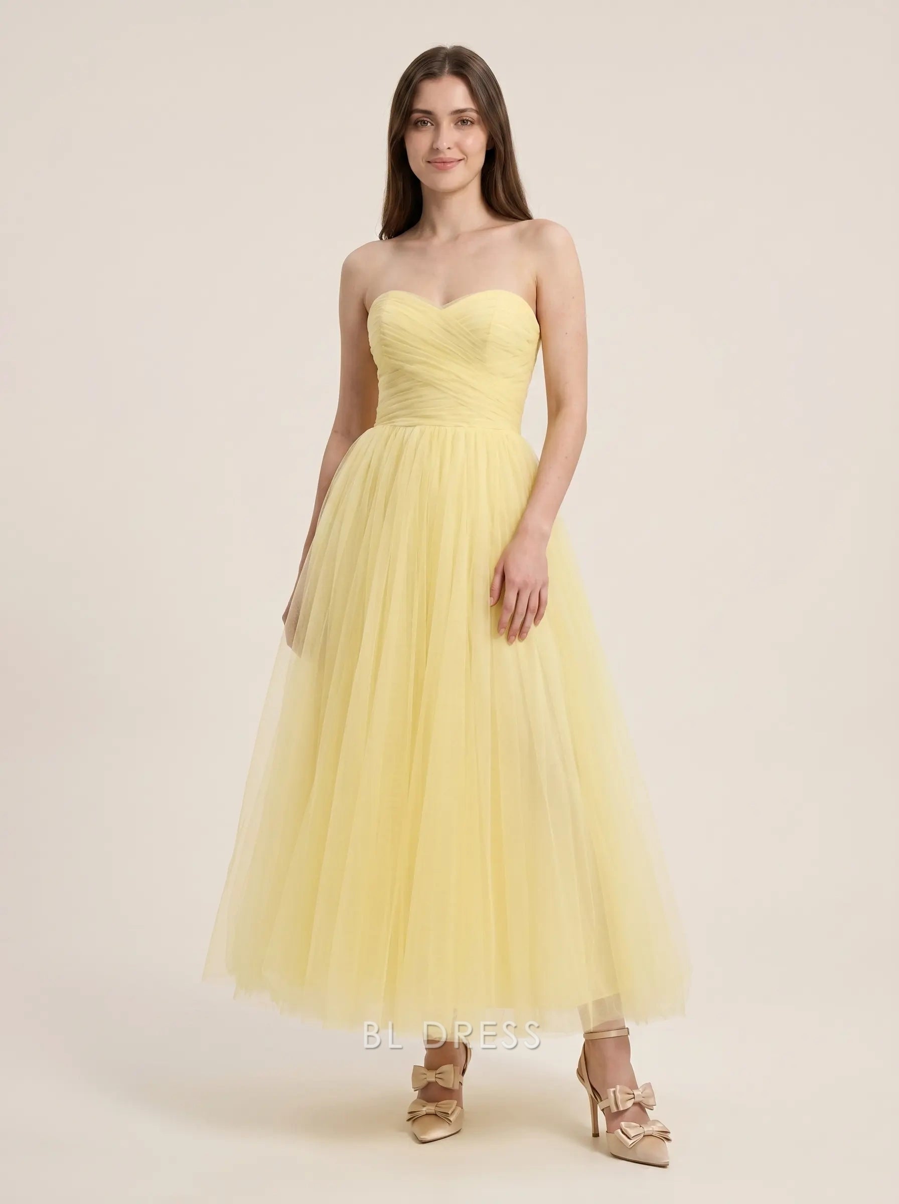 Yellow Strapless Sweetheart Neck Ruched Tulle A Line Midi Formal Evening Prom Dress