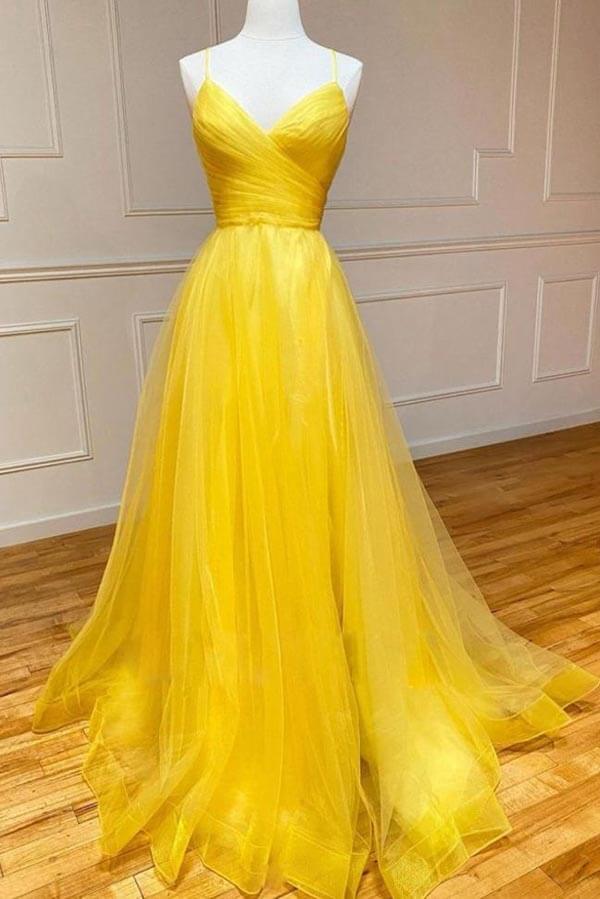 A-line Tulle V-neck Prom Dresses Evening Dresses With Train