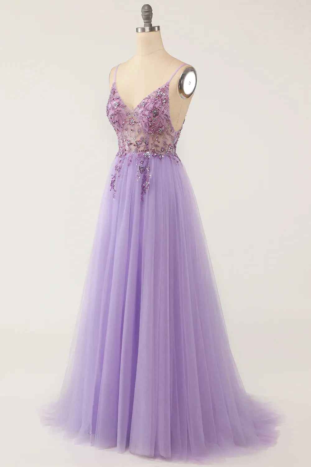 A-line Spaghetti Straps Long Prom Dress with Beading