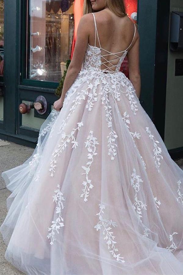 A line Appliques Spaghetti Straps Long Evening Dress Prom Dresses