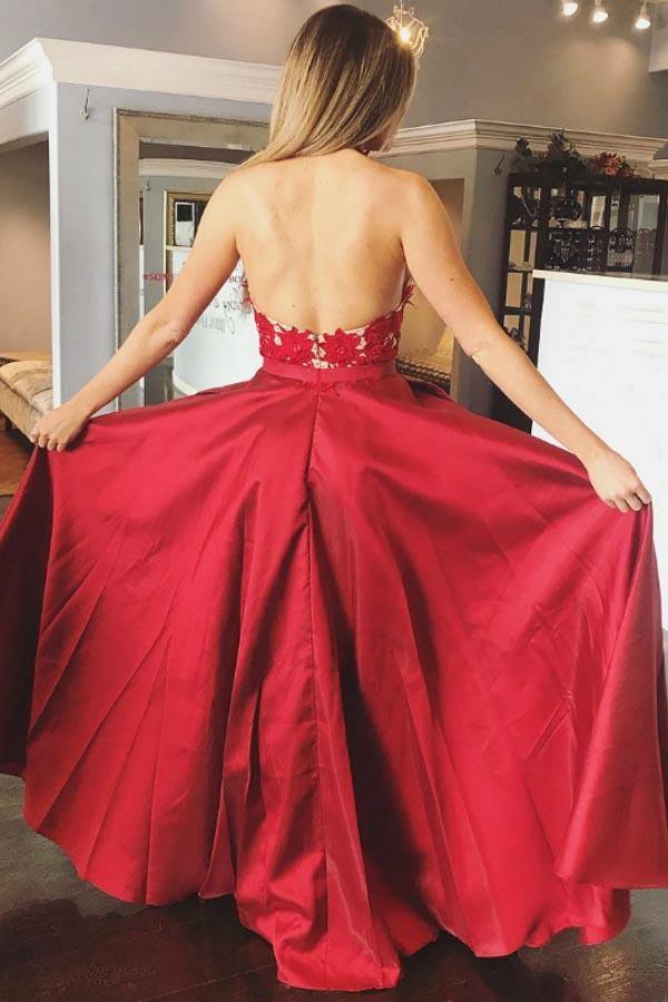 A-Line V-neck Appliques Backless Red Satin Long Prom Dress With Pocket