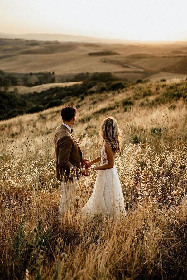 A-line Beach See Through Floor Length Rustic Bridal Dresses Wedding Dresses