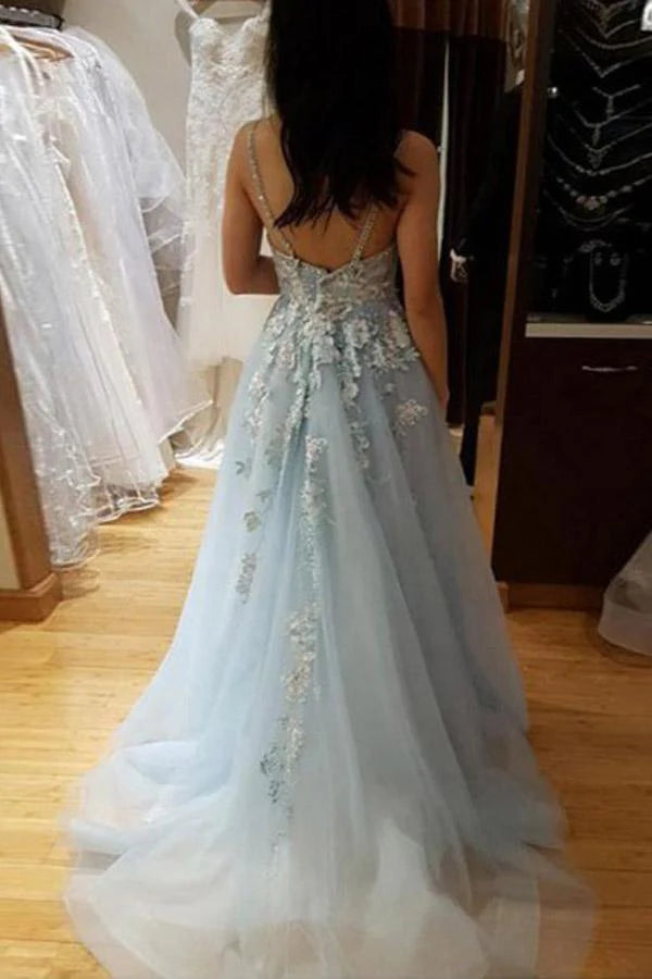 A Line Spaghetti Straps Light Blue Prom Dress With Beading Appliques