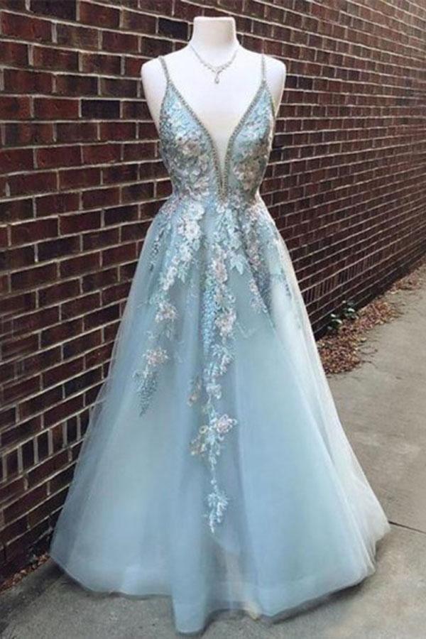 A Line Spaghetti Straps Light Blue Prom Dress With Beading Appliques