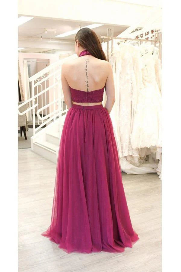 A-line Two Piece Fuchsia Prom Dresses Long Split Tulle Evening Dresses