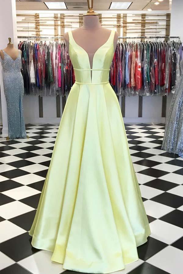 A-line V neck Blue Satin Long Prom Dresses Formal Dress with Pockets