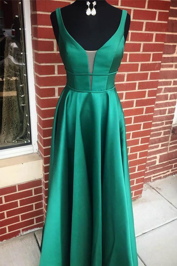 A-line V neck Blue Satin Long Prom Dresses Formal Dress with Pockets
