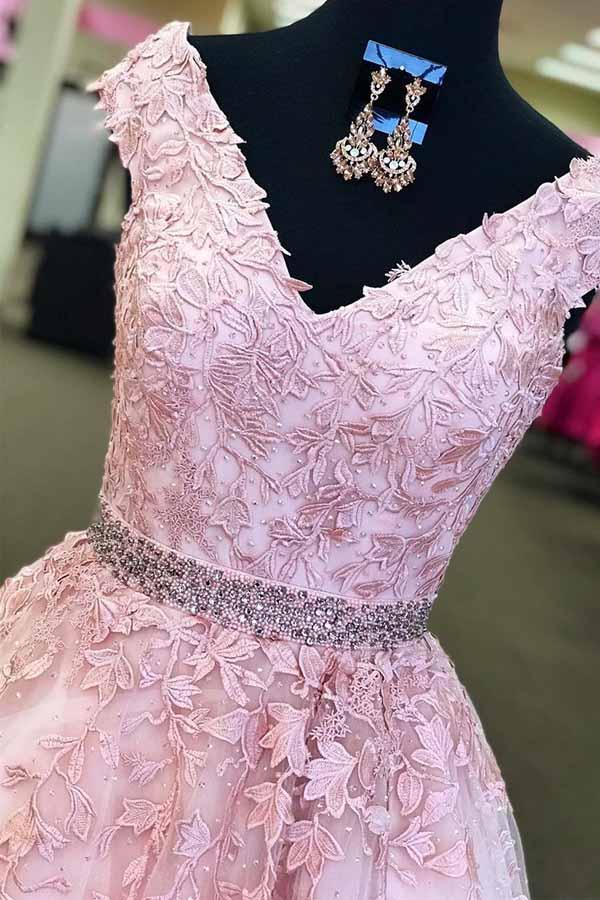 A-line V-Neck Cap Sleeves Tulle Beaded Appliques Pink Prom Dress
