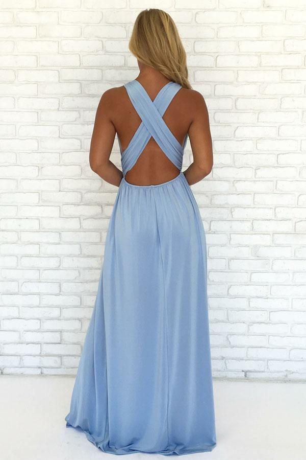 A-Line V-Neck Criss-Cross Straps Chiffon Sky Blue Prom Dress with Split