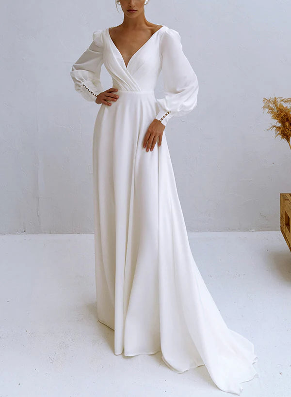 A-Line V-Neck Long Sleeves Chiffon Beading Wedding Dresses
