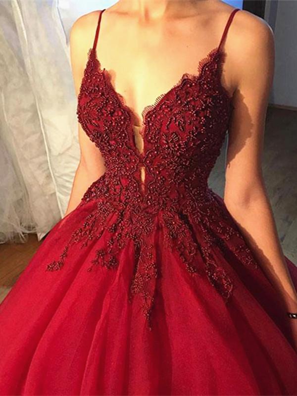 A-line Beaded V Neck Prom Dress Lace Flowers Formal Gown