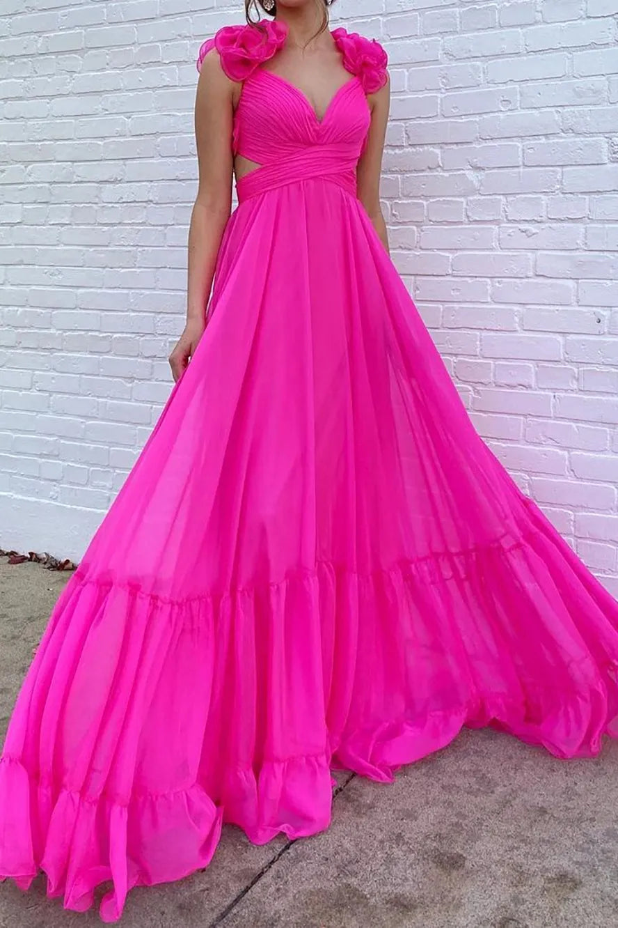 A Line V Neck Long Prom Dress with 3D Flowers