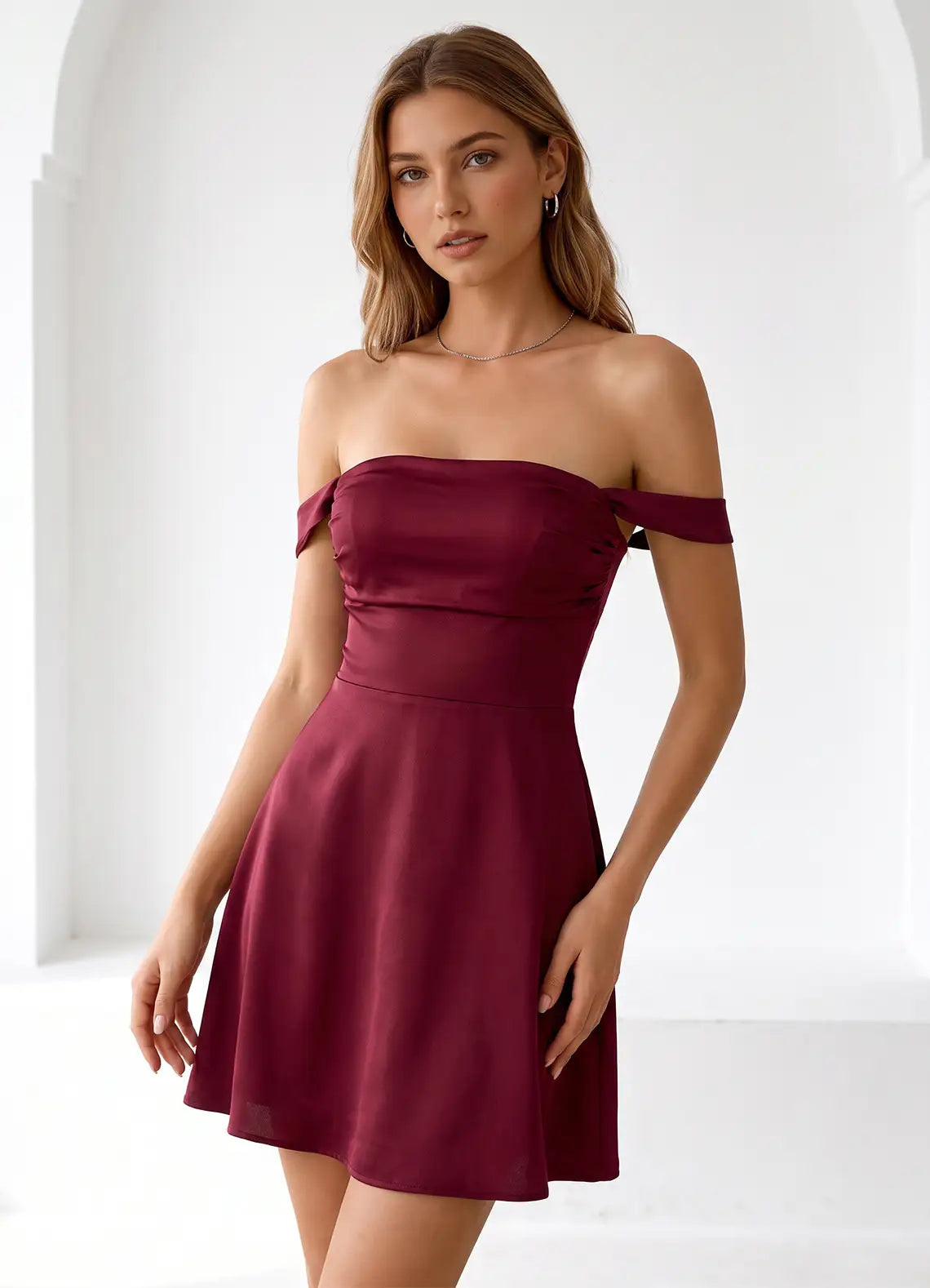 Elegant A-Line Off-Shoulder Ruched Lace-Up Burgundy Short Homecoming Dress Women's
