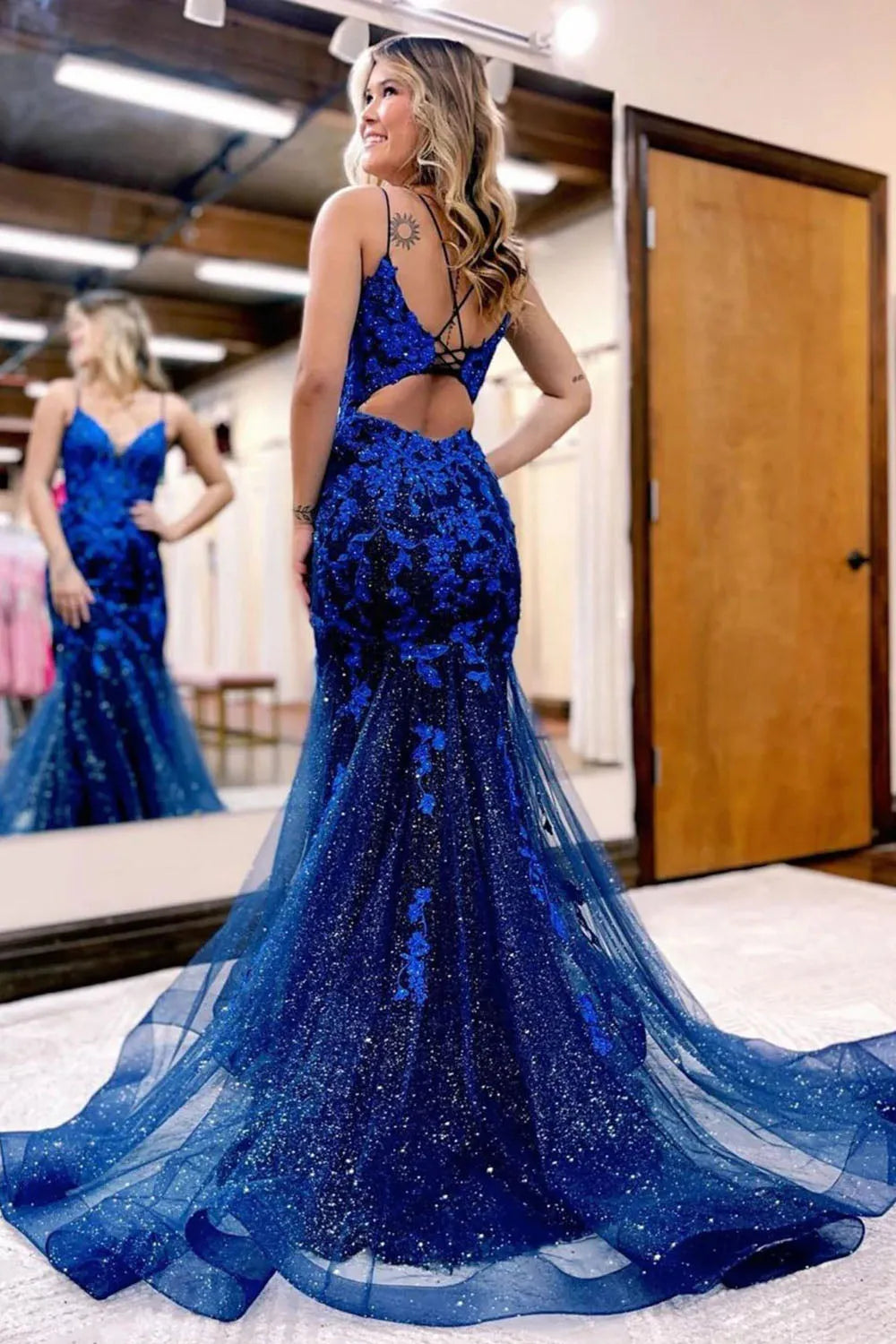 Mermaid Spaghetti Straps Long Prom Dress with Appliques