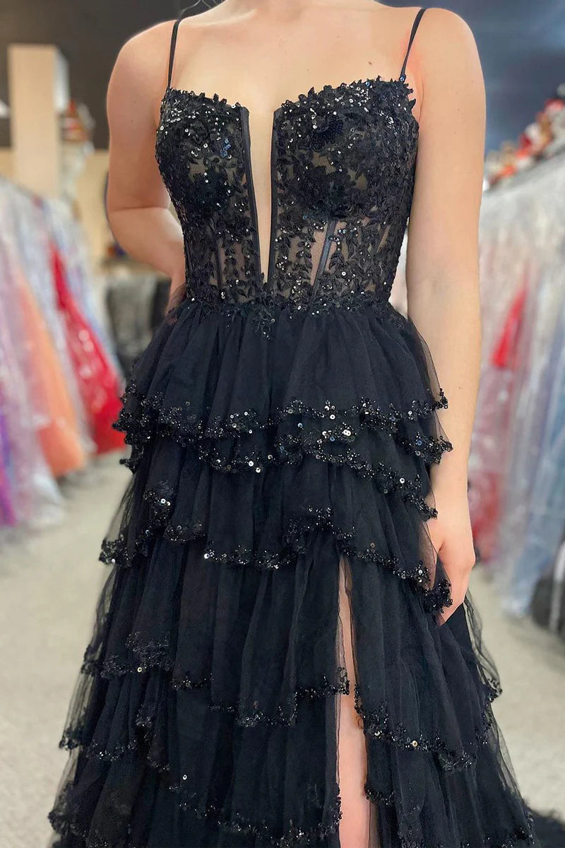 A Line V Neck Black Tulle Tiered Prom Dress with Beading
