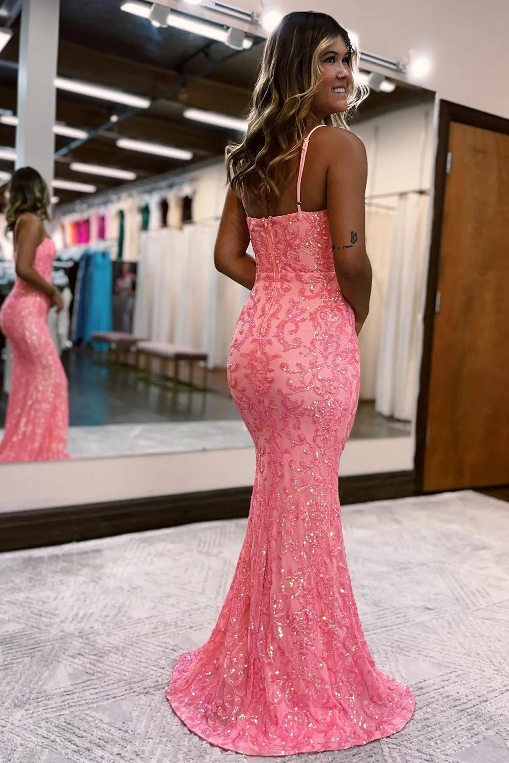Mermaid Spaghetti Straps Sequins Prom Dress