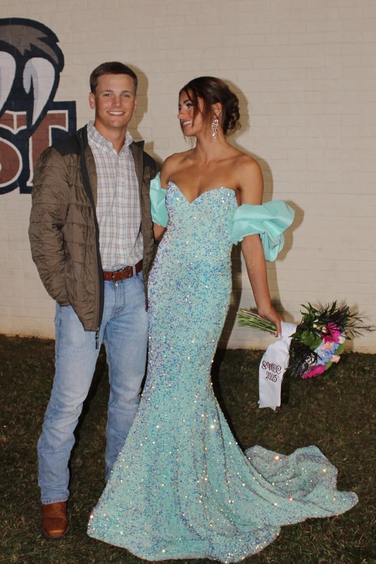 Luxury Mint Prom Dresses with Sequin Fabric Detachable Puff Sleeves and Mermaid Train