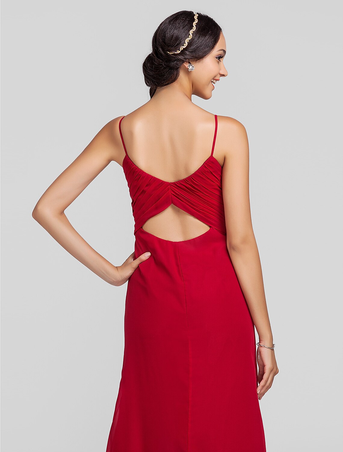 Etui-/Säulen-Brautjungfernkleid mit Spaghettiträgern und bodenlangem Chiffon-Kleid