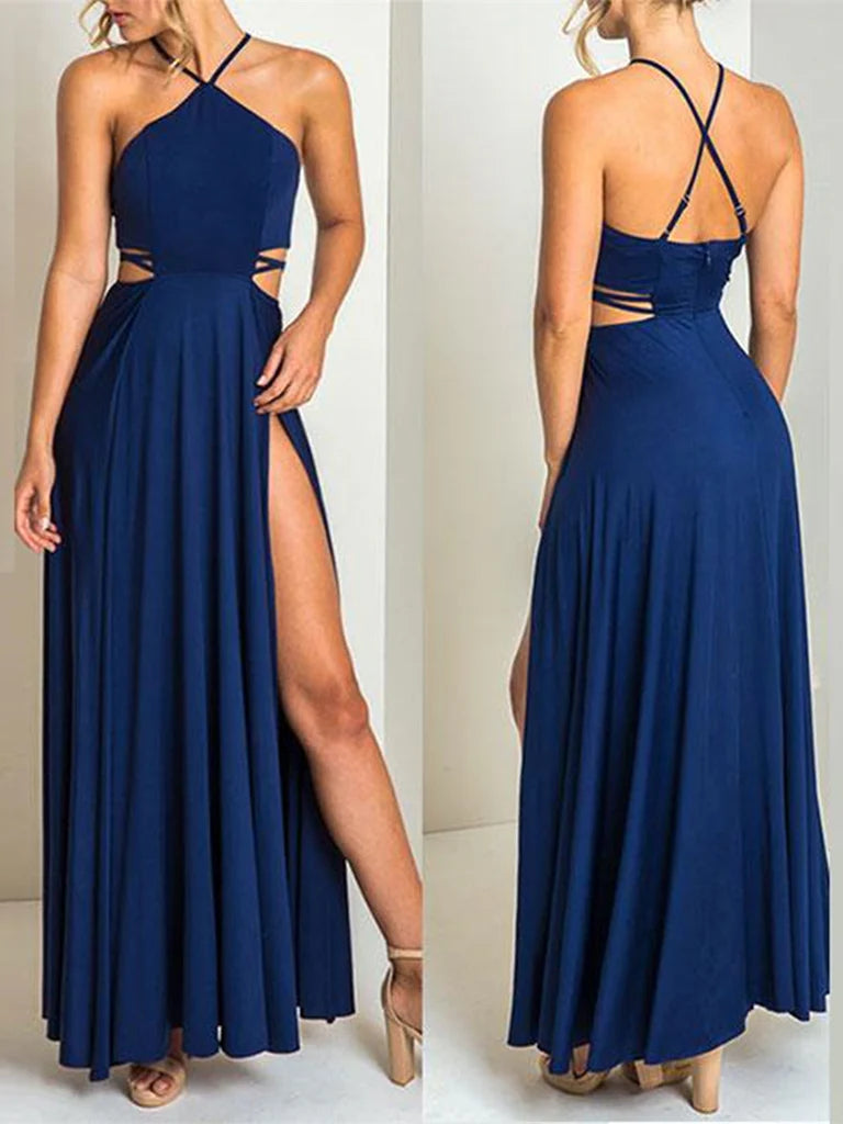 A-line Backless Halter Neck Evening Dress Sleeveless Formal Dresses Prom Dresses With Slit