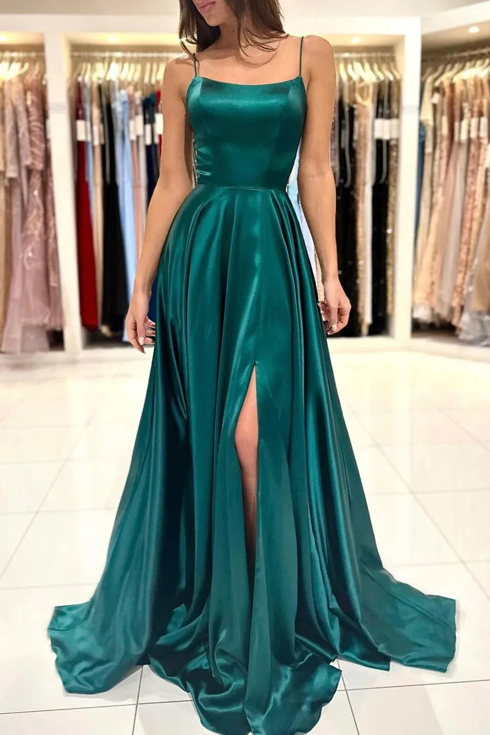 A Line Spaghetti Straps Backless Satin Prom Dress