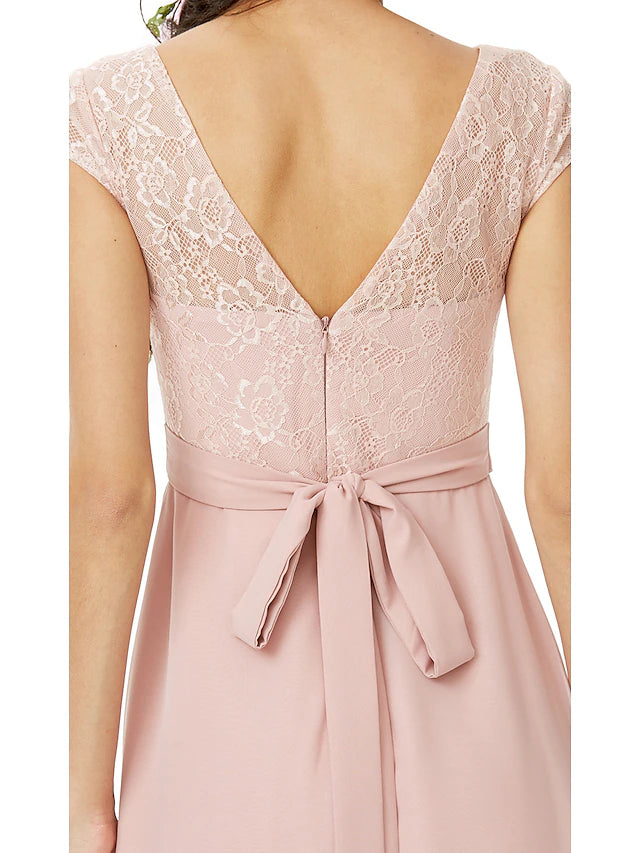 Etui-/Säulenkleid für die Brautjungfer, Bateau-Ausschnitt, kurze Ärmel, elegant, bodenlang, Chiffon/Spitze mit Spitze/Schärpe/Band/Schleife(n)