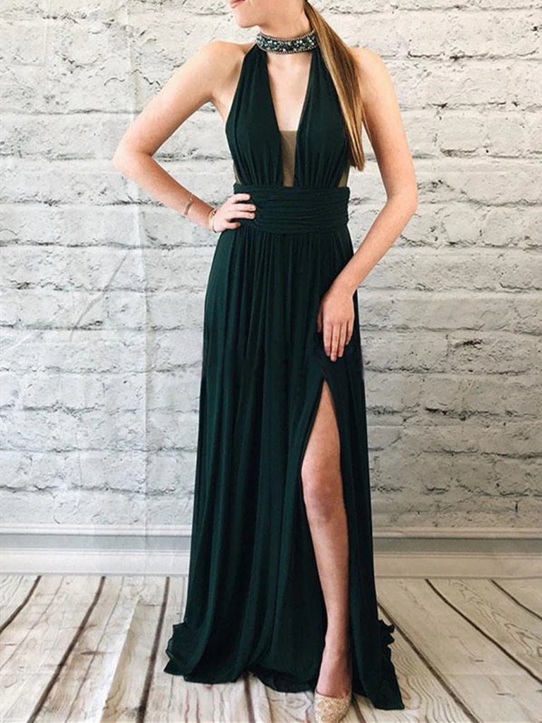 A-line Halter Open Back Chiffon Long Prom Dress With Beading Split Keyhole